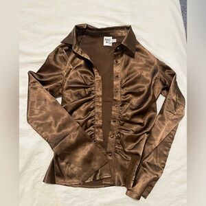 Brown Satin Ruched Shirt